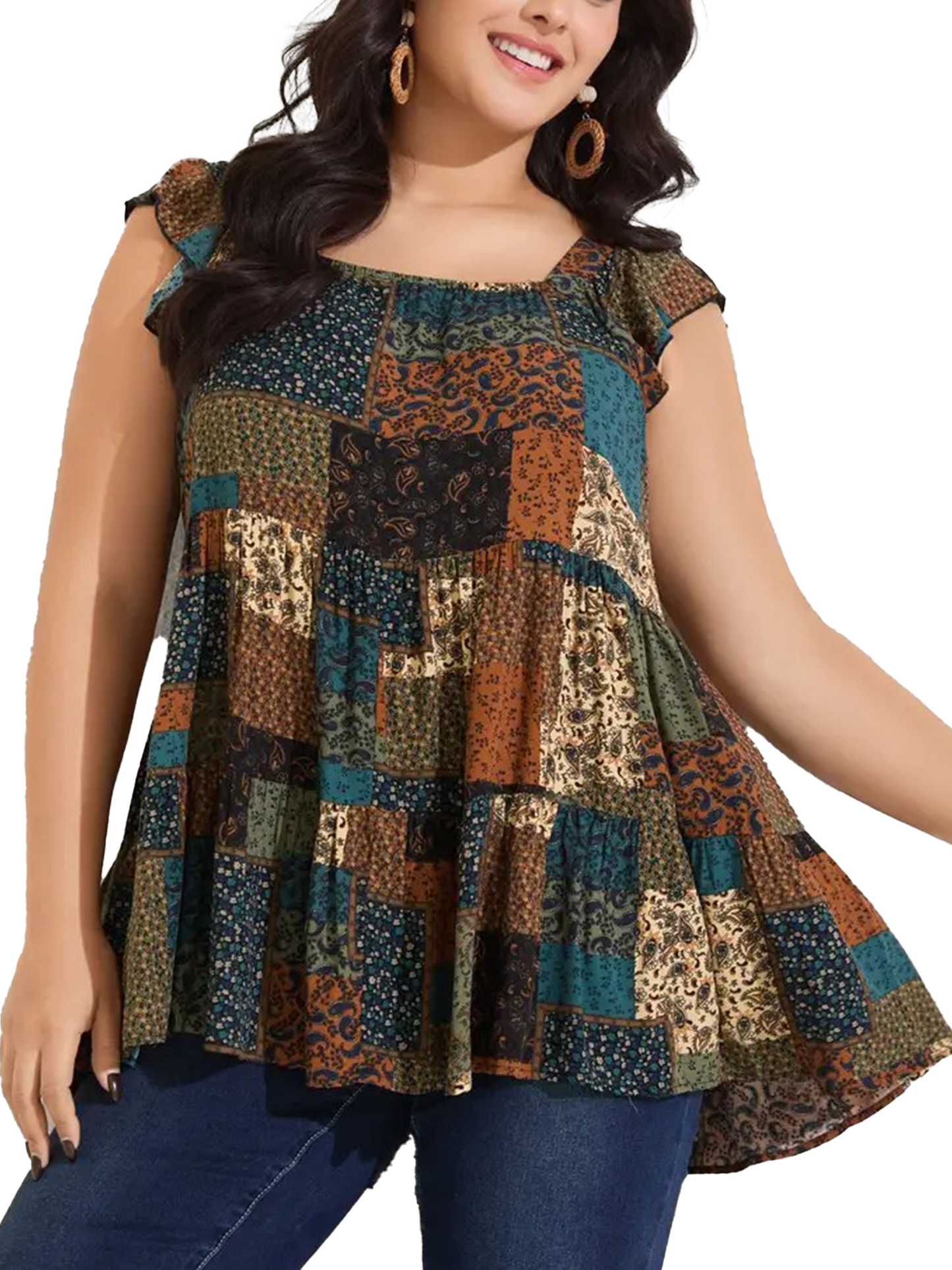 Women Plus Size Square Neck Sleeveless Floral Plaid Patchwork Boho Tunic Tank Top