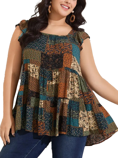 Women Plus Size Square Neck Sleeveless Floral Plaid Patchwork Boho Tunic Tank Top