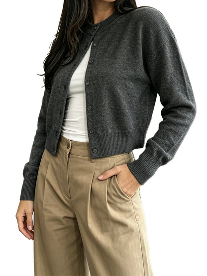 Crew Neck Button‑Front Cropped Cardigan | Sleek Clean Silhouette