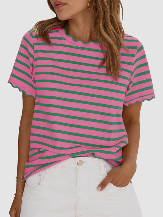 Women's Scalloped Crew Neck Striped T-Shirt