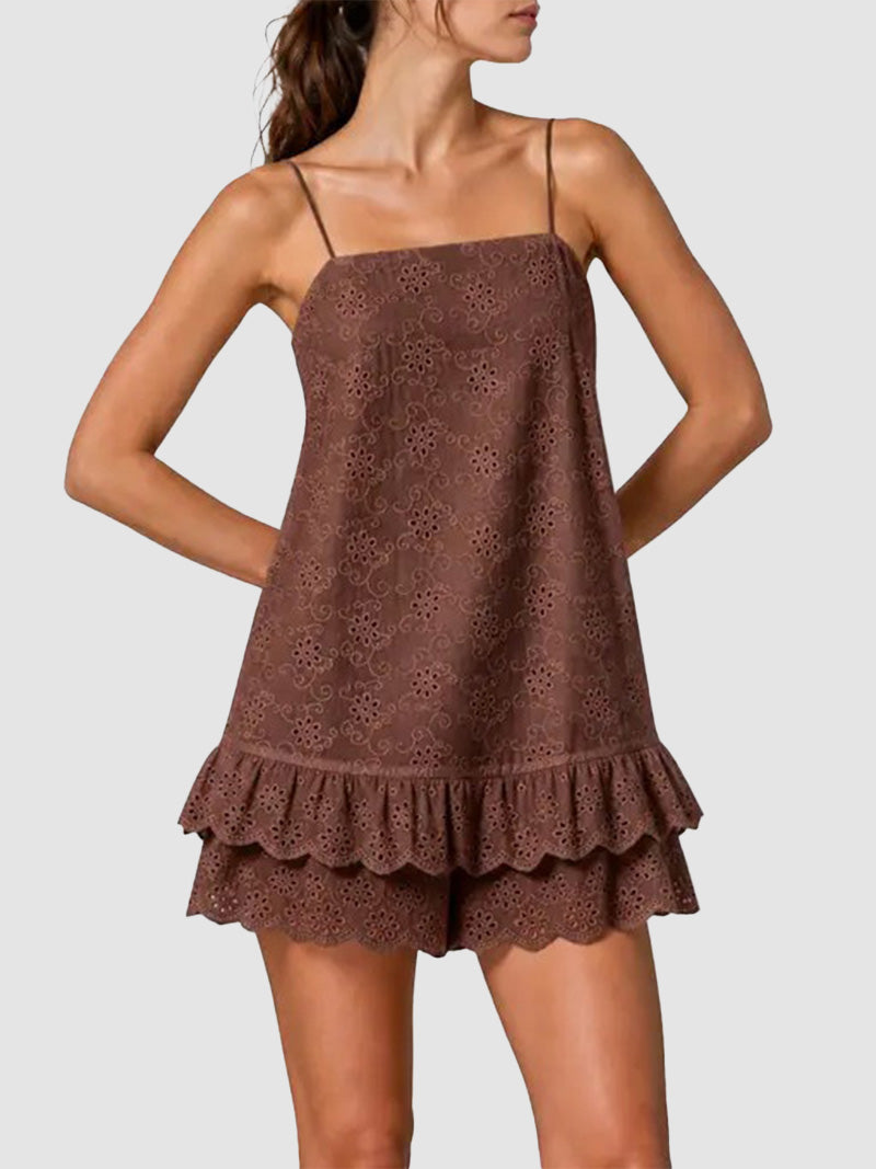 Women Boho Eyelet Embroidery Spaghetti Strap Ruffled Hem Mini Romper