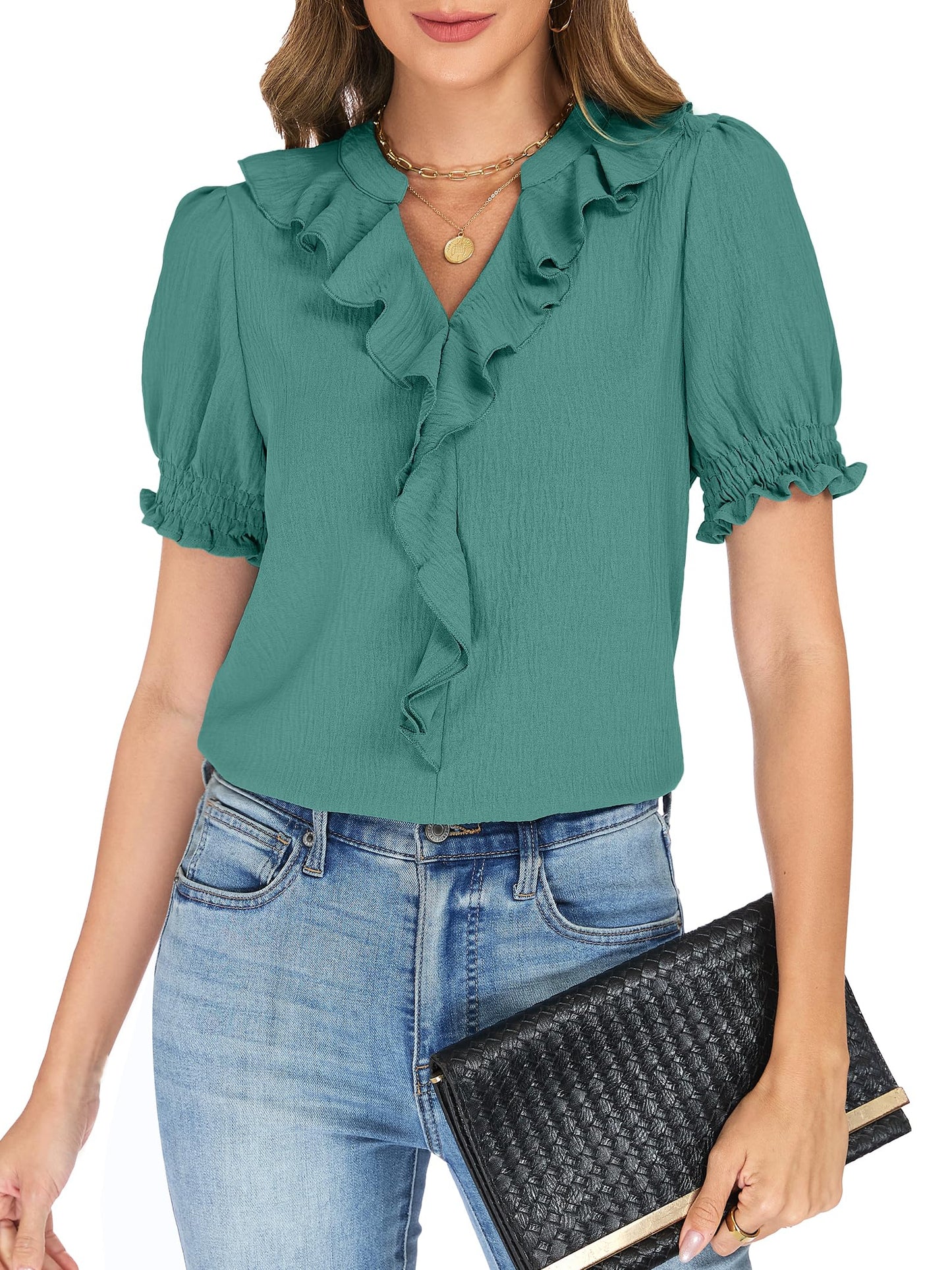 Womens Blouses Dressy Casual Puff Sleeve V Neck Ruffle Tops