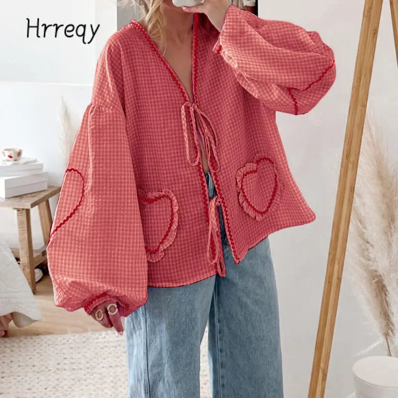 ⏰Hot Sale-Women Long Sleeve Shirts Heart Embroidery Plaid Front Bowknot Tie-Up Blouses