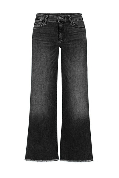 Washed Raw Hem Mid Waist Straight Leg Jeans