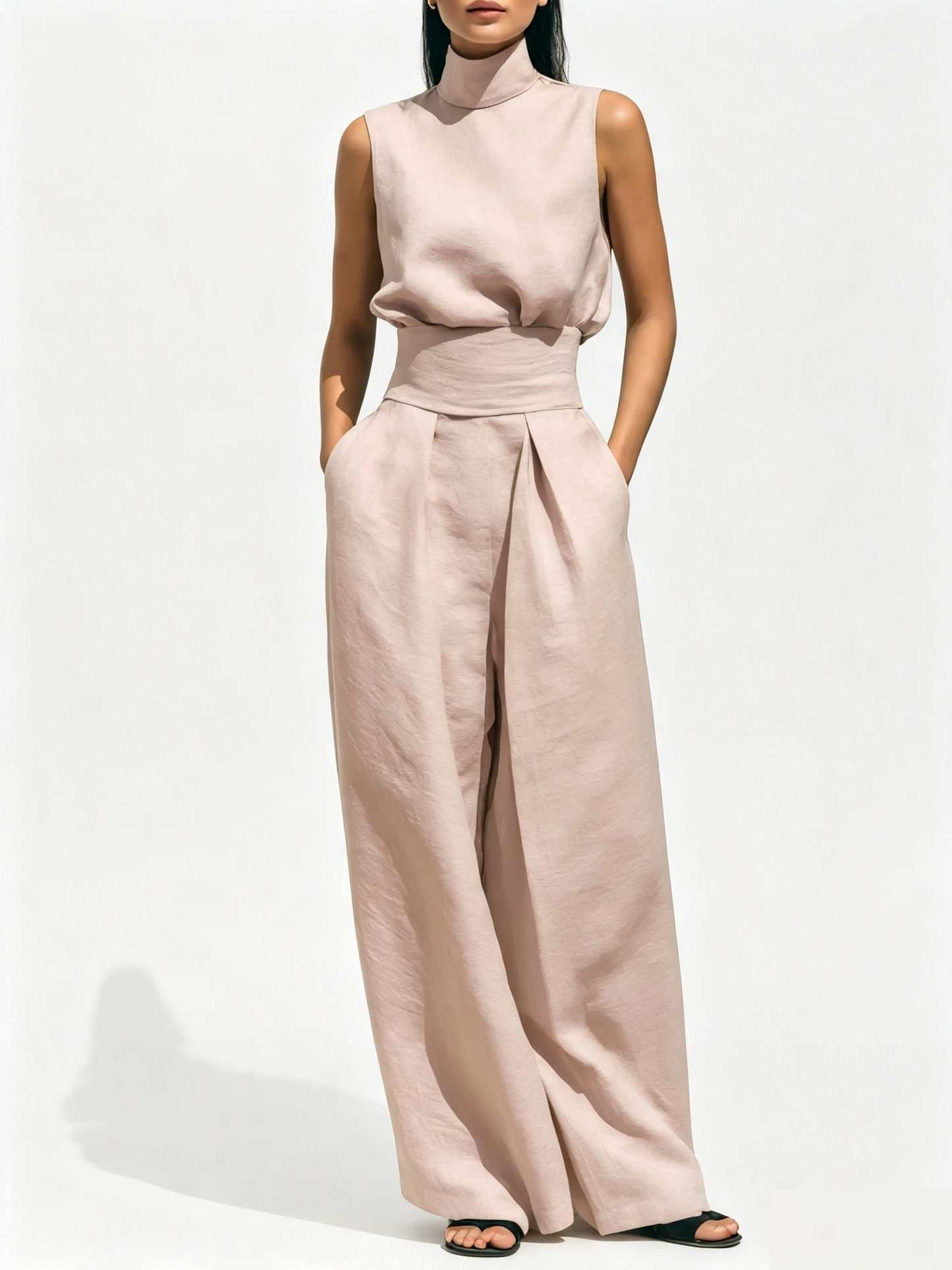 Women Sleeveless Mock Neck Tie-Waist Top & Wide Leg Pants  Two-Piece Set