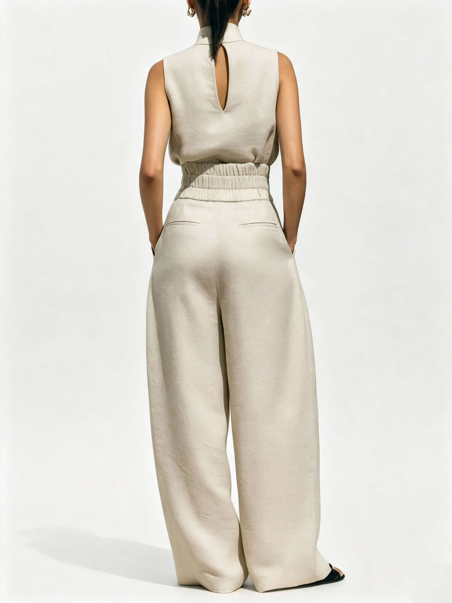 Women Sleeveless Mock Neck Tie-Waist Top & Wide Leg Pants  Two-Piece Set