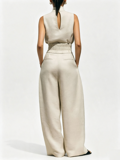 Women Sleeveless Mock Neck Tie-Waist Top & Wide Leg Pants  Two-Piece Set