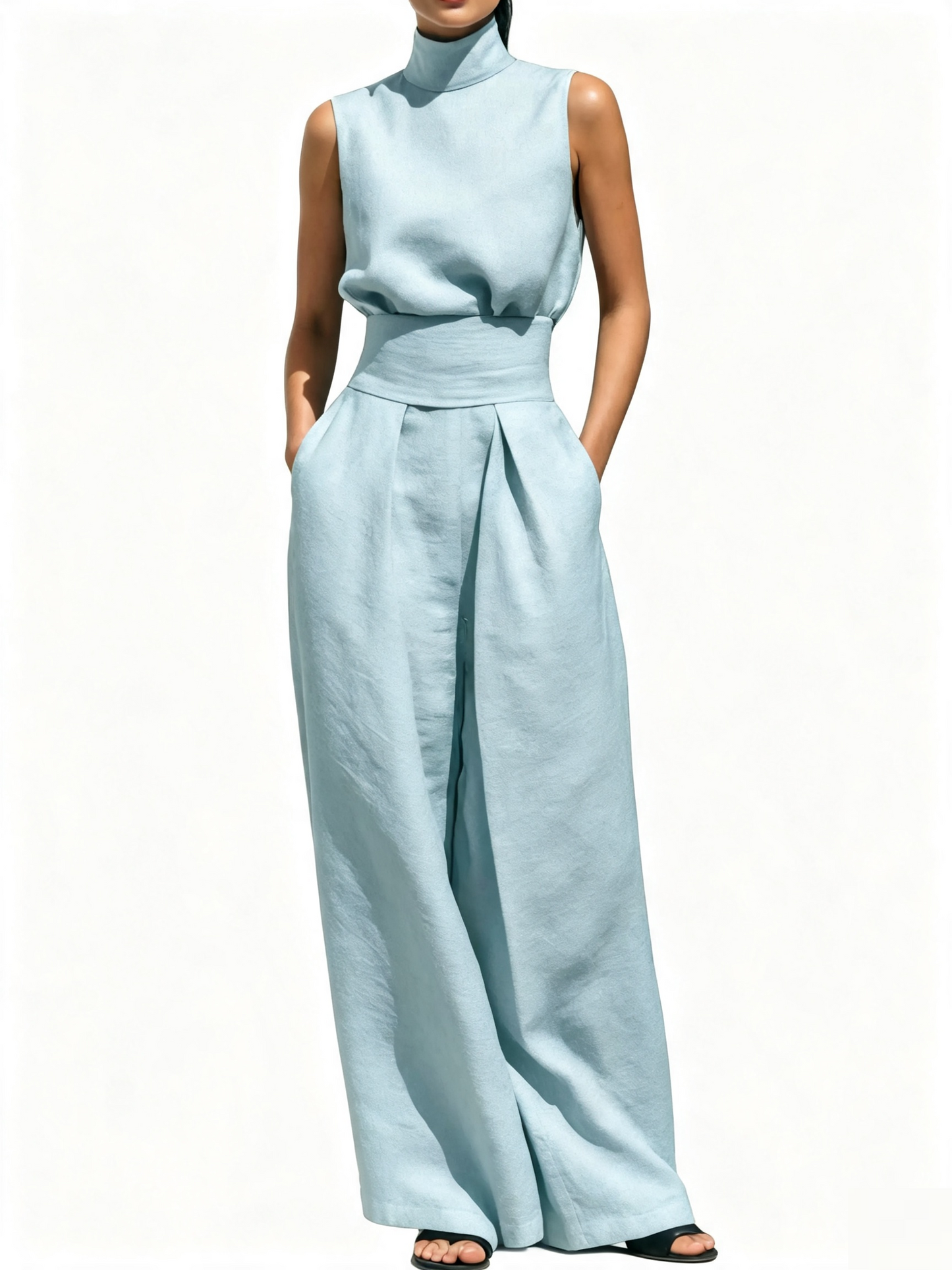 Women Sleeveless Mock Neck Tie-Waist Top & Wide Leg Pants  Two-Piece Set