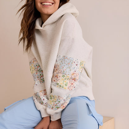 Womens Hooded Sweatshirt Long Sleeve Floral Print Patchwork Casual Loose Fit Tops