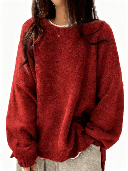 Oversized Round‑Neck Knit Sweater & Loose Split‑Hem Drop‑Shoulder Top