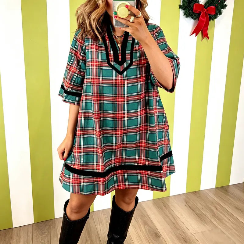 Women's Red Green Tartan Plaid Mini Dress