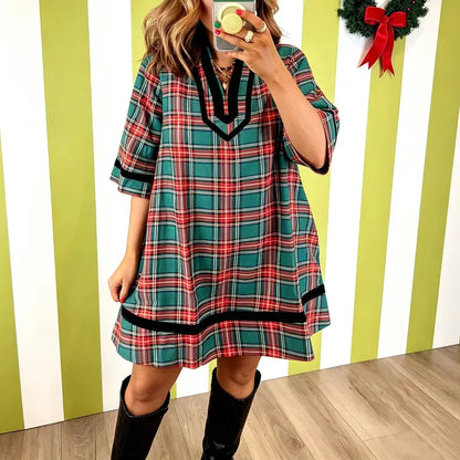 Women's Red Green Tartan Plaid Mini Dress