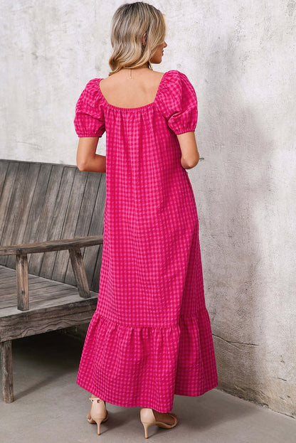 Women's Puff Sleeve Square Neck Check Maxi Dress