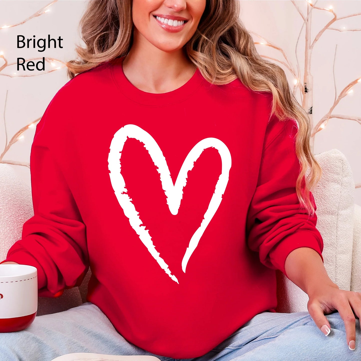 Womens Valentine Day Heart Print Crew Neck Sweatshirt
