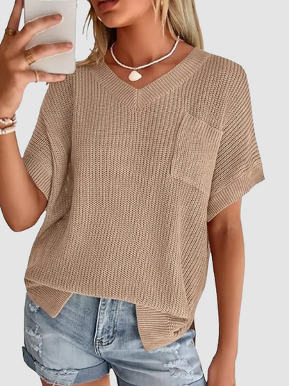 Women Loose V Neck Pocket Short Sleeve Knit Top