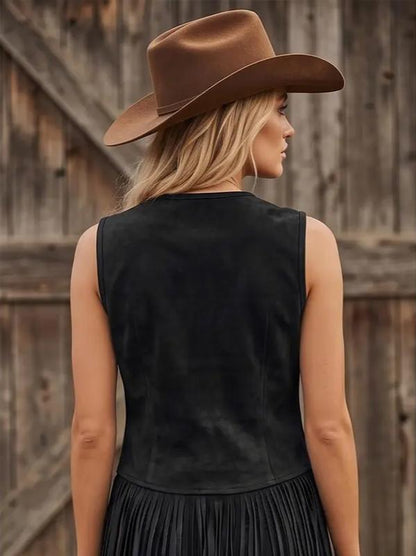 Women Western Fringe Hem V‑Neck Sleeveless Slim Vest