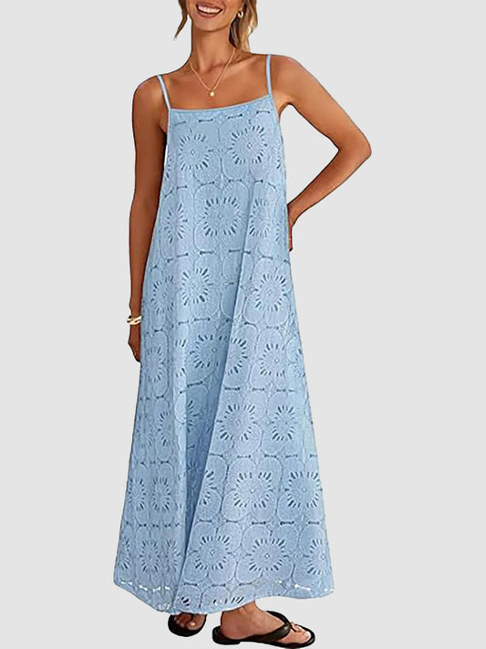 2026 Casual Sleeveless Floral Lace Eyelet Boho Beach Maxi Dress