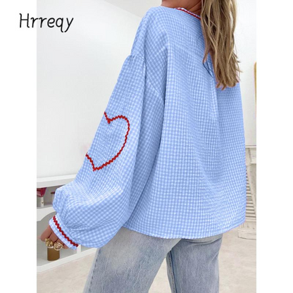 ⏰Hot Sale-Women Long Sleeve Shirts Heart Embroidery Plaid Front Bowknot Tie-Up Blouses