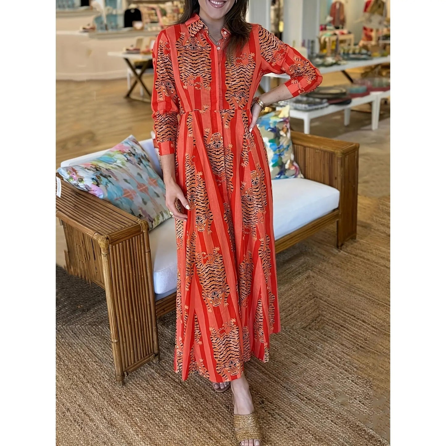 Women’s Tiger Print Long Dress Lapel Collar Three Quarter Sleeve Relaxed Fit Holiday Party Maxi Dress