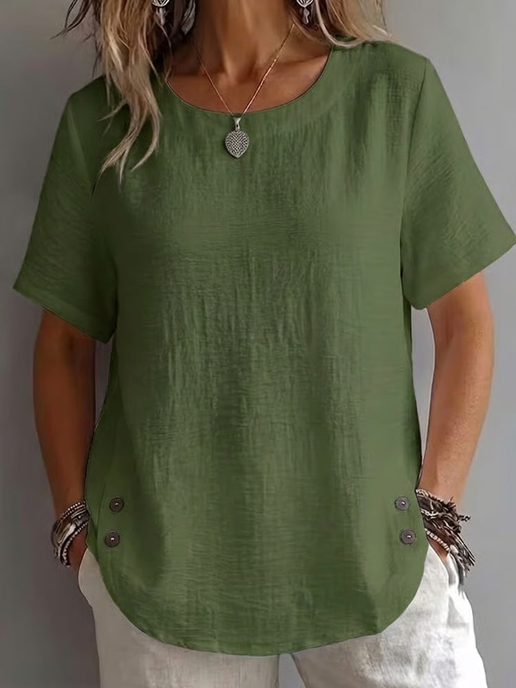 Women's Crew Neck Side Button Casual T-Shirt