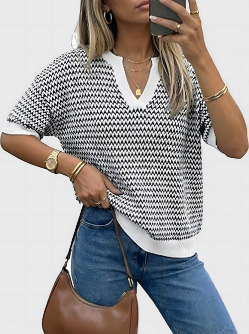 Polo V Neck Striped Short Sleeve Casual Pullover Sweaters Spring SummerVibes