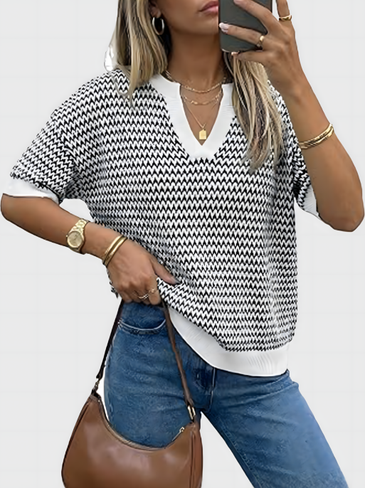 Polo V Neck Striped Short Sleeve Casual Pullover Sweaters Spring SummerVibes