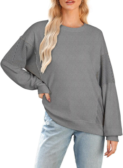 ✨Women's Crewneck Patchwork Stripe Long Sleeve Pullover Sweatshirts