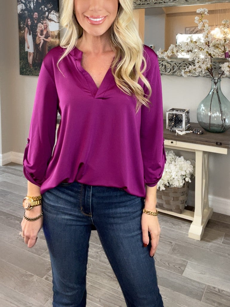 HOT SALE V Neck Satin 3/4 Sleeve Button Blouse