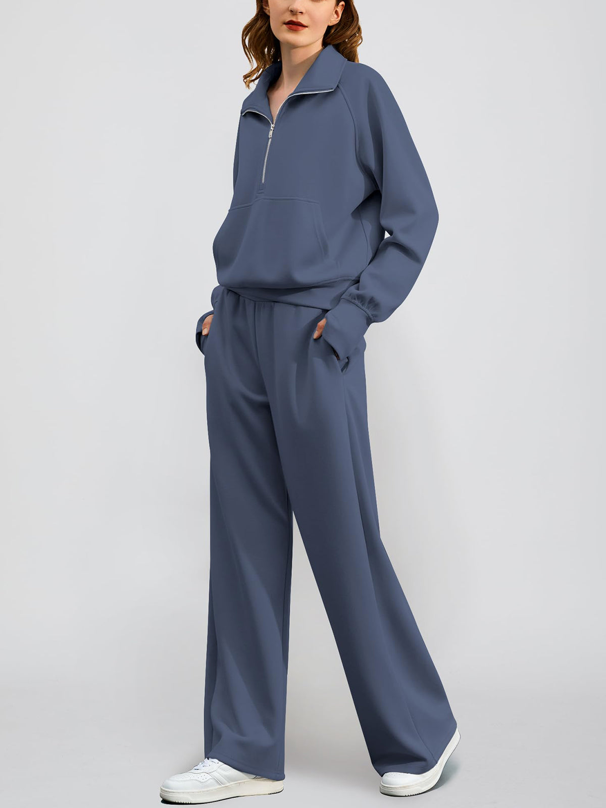 Women's Oversized Half Zip Wide Leg 2 Piece Outfits Lounge Set