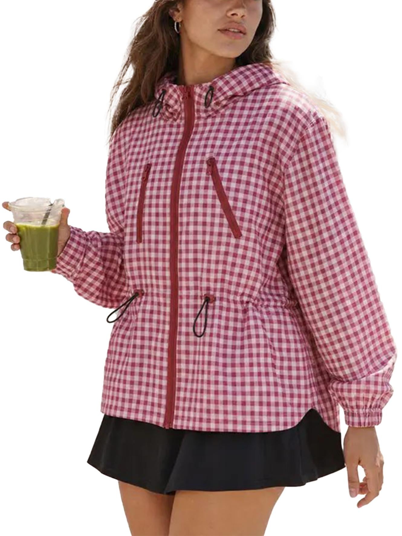 Women Gingham Hooded Water‑Resistant Windbreaker Jacket