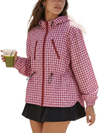 Women Gingham Hooded Water‑Resistant Windbreaker Jacket