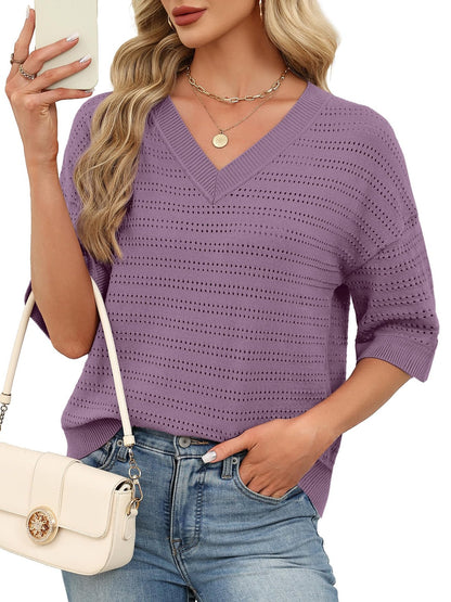Oversized 3/4 Length Sleeve Womens Sweaters V Neck Cute Crochet Blouses