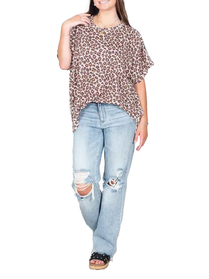 Women Oversized Leopard Print Short Sleeve Casual Top