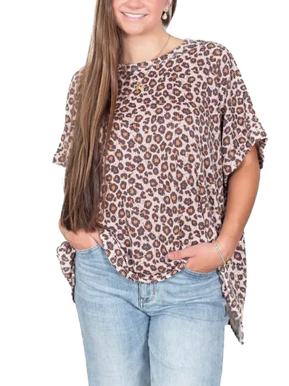 Women Oversized Leopard Print Short Sleeve Casual Top