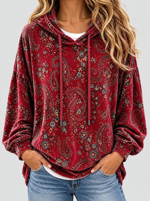 Hot Sale-Women Vintage Paisley Print Velvet Hoodie Top