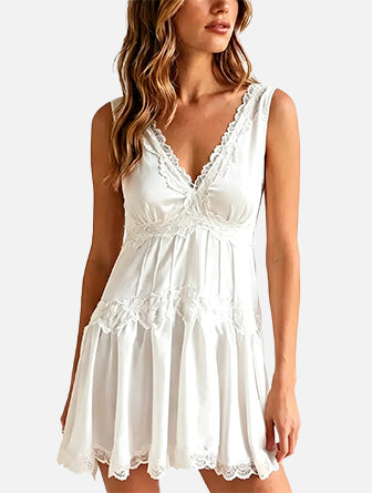 Women Deep V‑Neck Lace Sleeveless Ruffle Hem Dress
