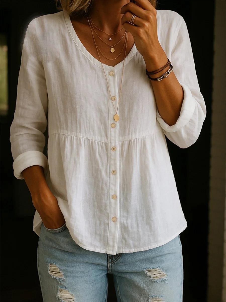 Women's Solid Round Neck 3/4 Sleeve Linen Cotton Shirt