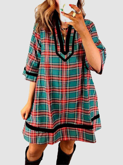 Women's Red Green Tartan Plaid Mini Dress