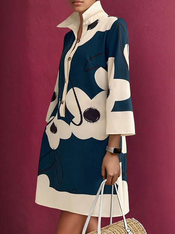Women's Three-Quarter Sleeves Printed Lapel Shirt Dress