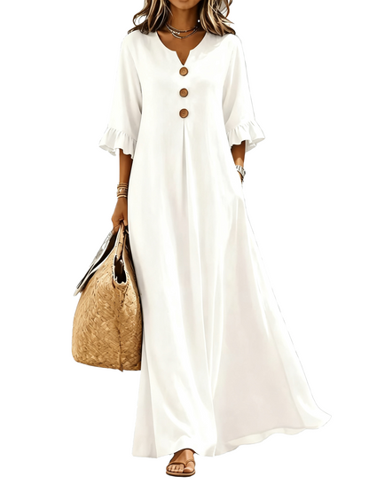 Women Boho Casual A‑Line Maxi Dress, V‑Neck Wooden Buttons Ruffled Long Sleeve Loose Solid Color Dress