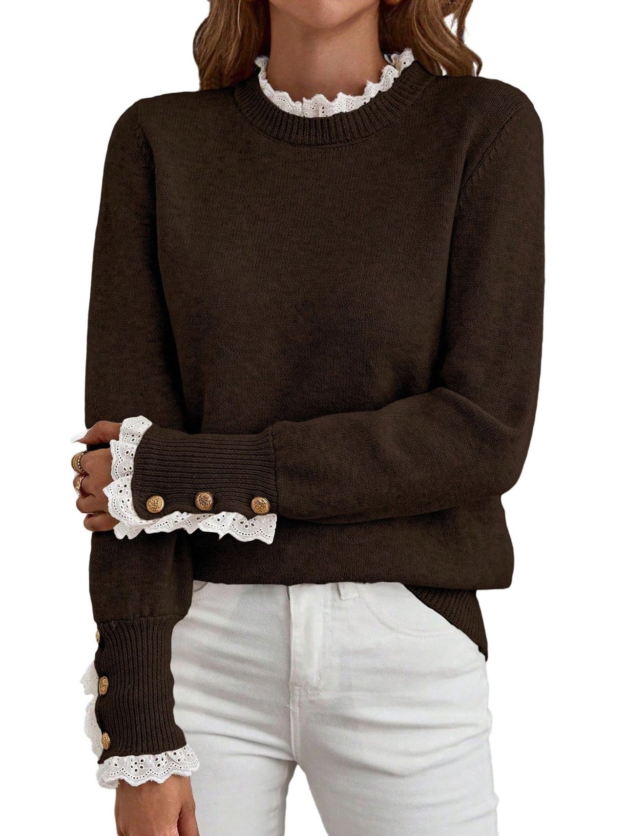 ✨Women's Long Sleeve Knitted Button Lace Trim Sweater