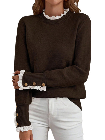 ✨Women's Long Sleeve Knitted Button Lace Trim Sweater