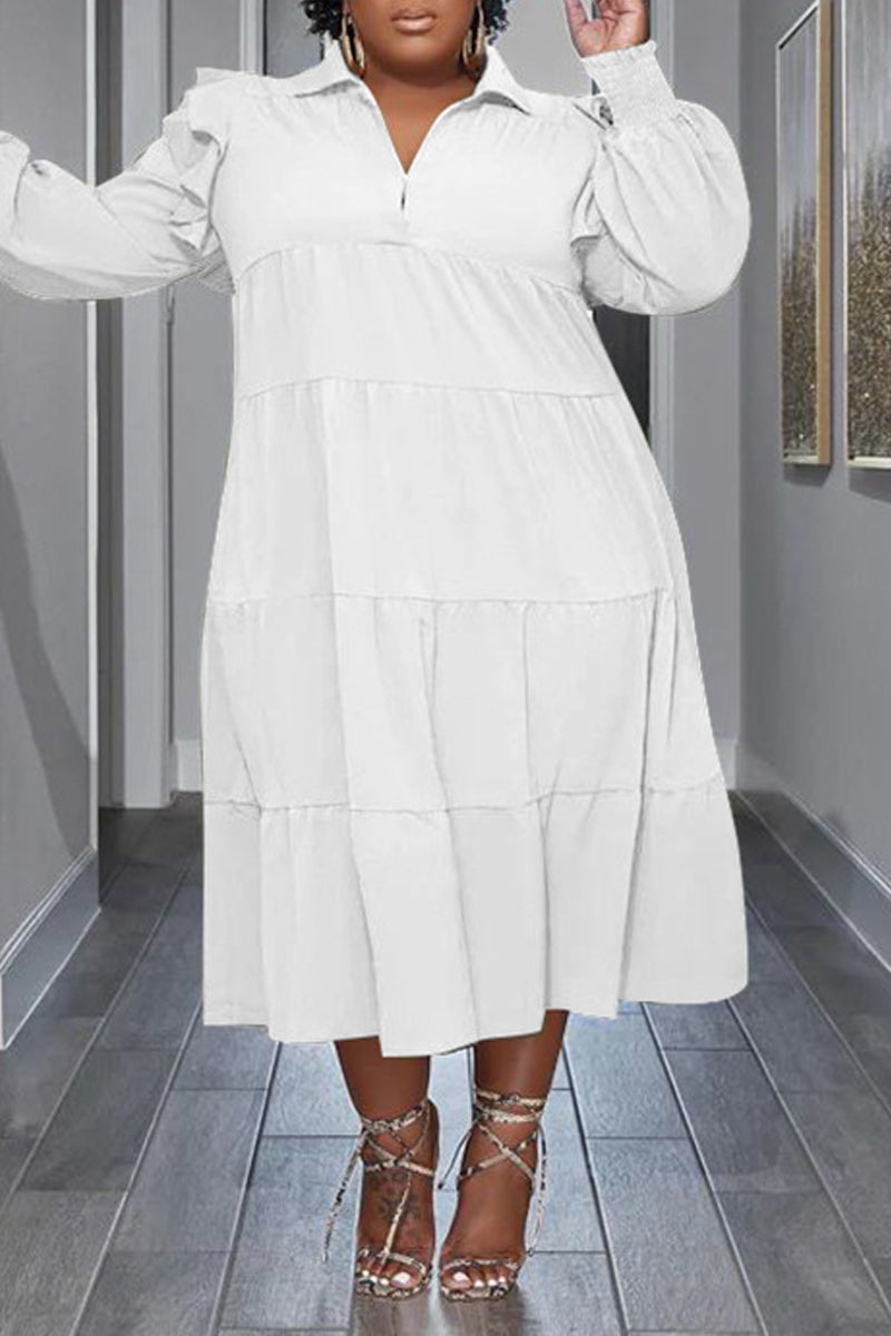 2025 Flounced Sleeve Plus Size Turndown Collar Dress