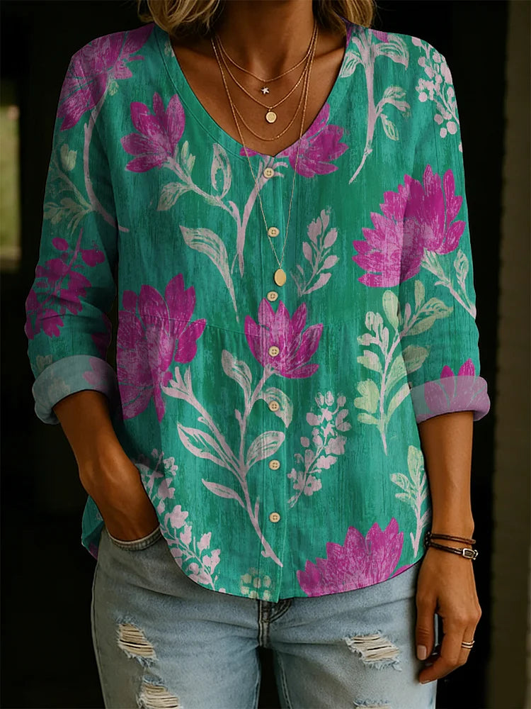 Women's Floral Print V-Neck Linen Cotton Shirt