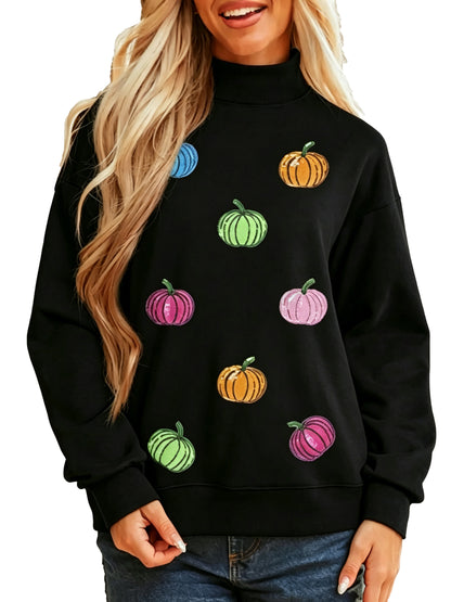 Women Sequin Pumpkin Pattern Mock Neck Sweatshirt Casual Pullover Tops