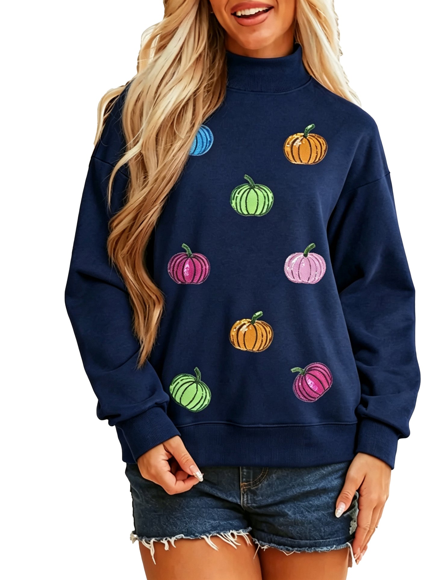 Women Sequin Pumpkin Pattern Mock Neck Sweatshirt Casual Pullover Tops