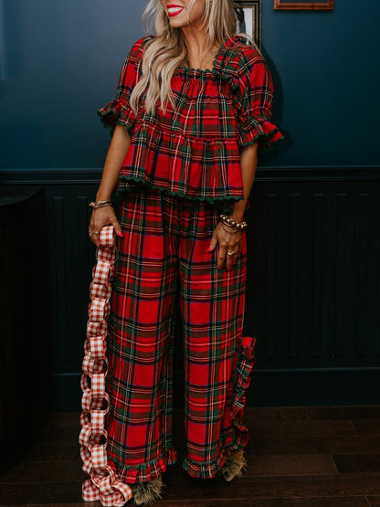 ⏰Hot Sale-Women's Christmas Plaid Ruffle Puff Sleeve Pajamas Set