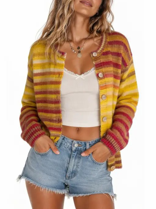 Women Sweet Casual Rainbow Stripe Open‑Front Long‑Sleeve Knit Cardigan