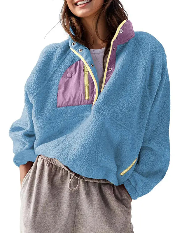 Women Color Block Half Snap Cropped Fleece Pullover Jacket