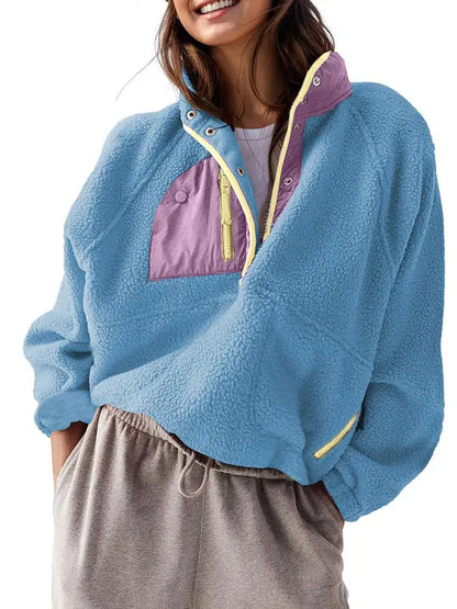 Women Color Block Half Snap Cropped Fleece Pullover Jacket